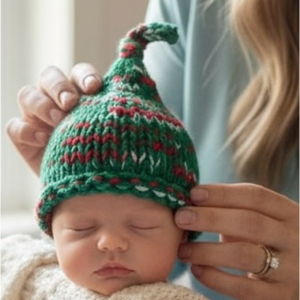 Baby Beanie Cap Hat Hand Crafted Christmas Holiday Green Red Knit
